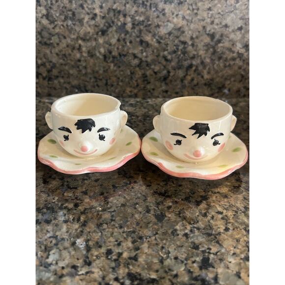 Vintage Set Of Clown's Head Egg Cup w/ Saucer Attached JAPAN - Picture 2 of 7